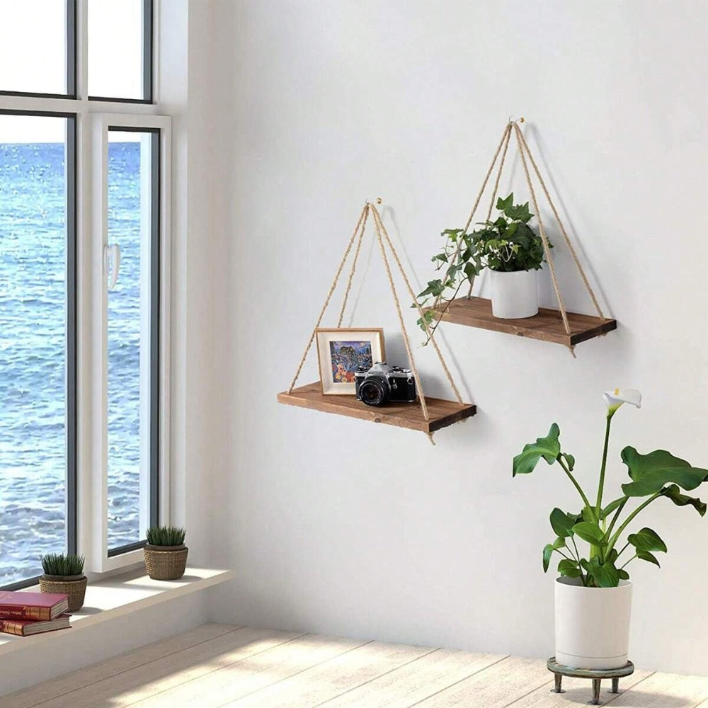 Wooden Swing Hanging Hemp Rope Wall Shelve Mounted Floating Plant Flower Pot_0