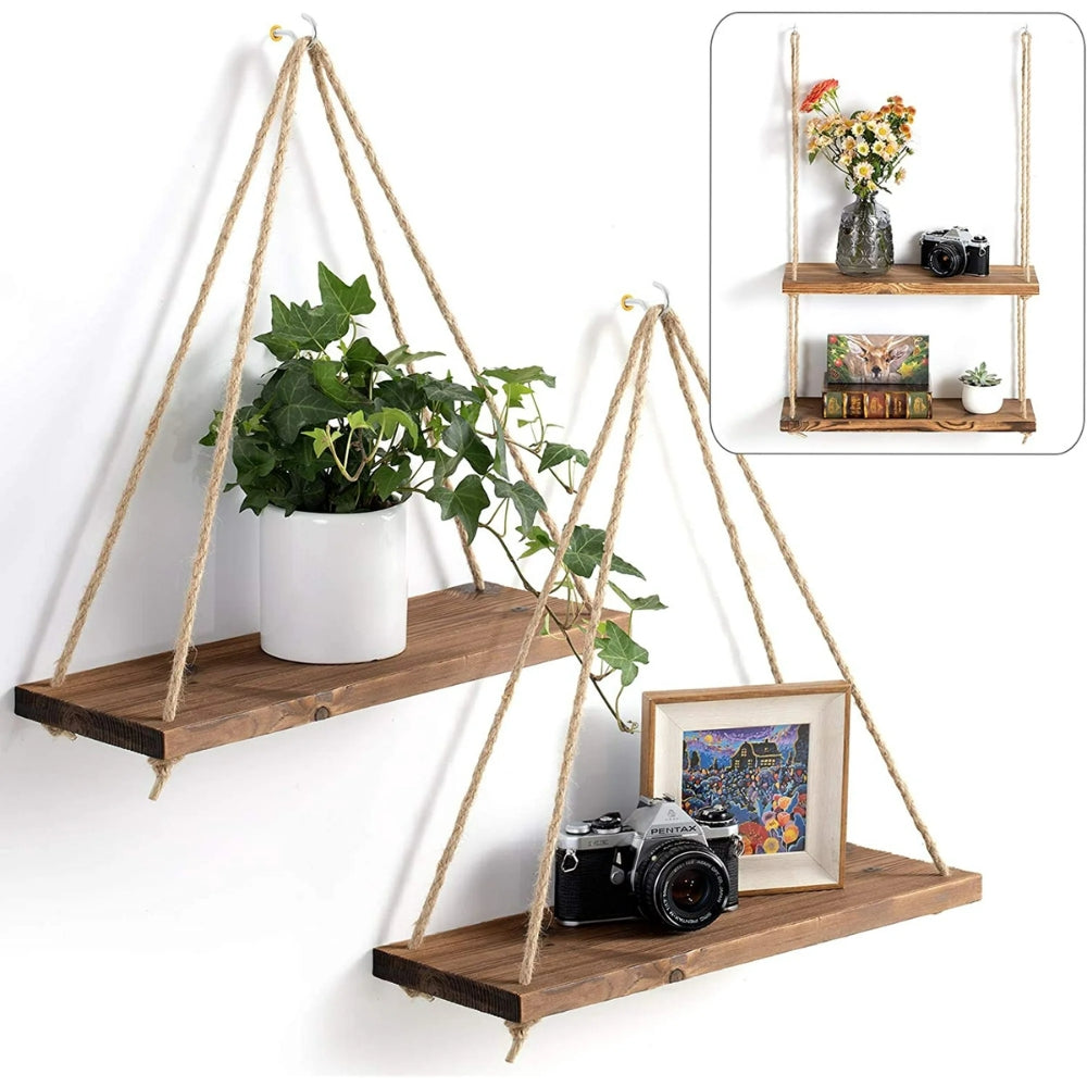 Wooden Swing Hanging Hemp Rope Wall Shelve Mounted Floating Plant Flower Pot_2