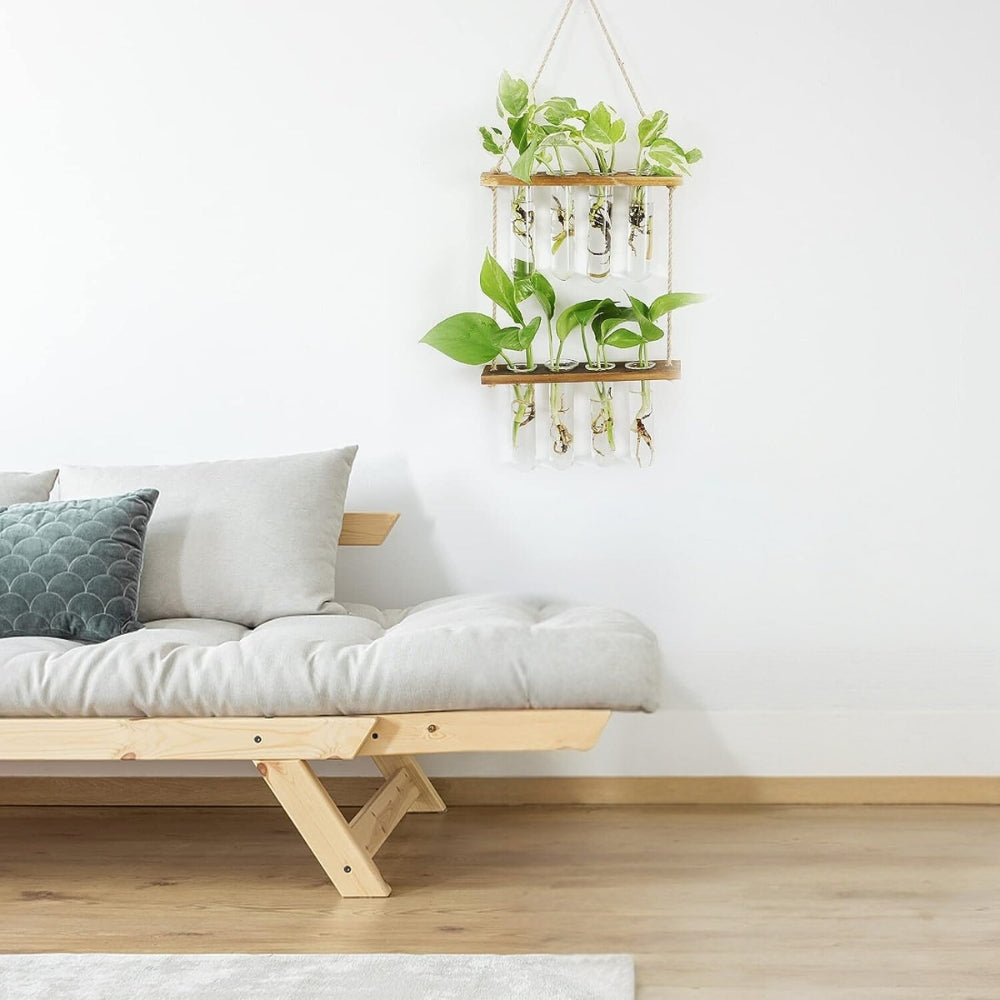 2 Layer Glass Wall Hanging Planter with Wooden Stand_1