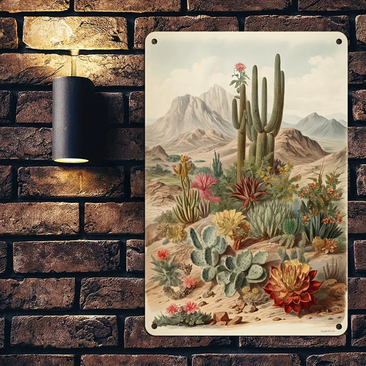 Tinplate Metal Tin Painting with Desert Cactus Landscape Vintage Wall Decoration Suitable for Bar Deck Waterproof Rust 8x12 Inch