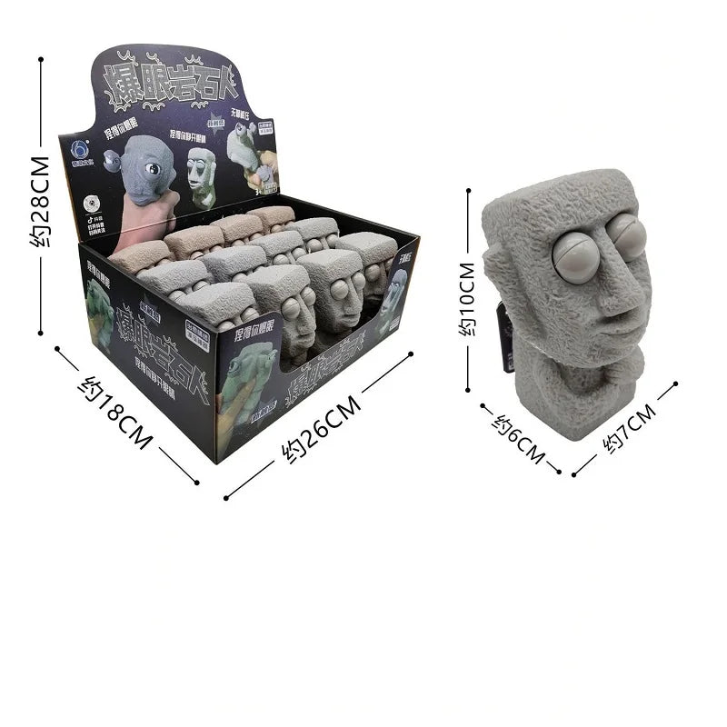 Stone man releases stress toy slowly rebounds soft Moai statue squeeze eyes interested expression relaxes stress children's gift