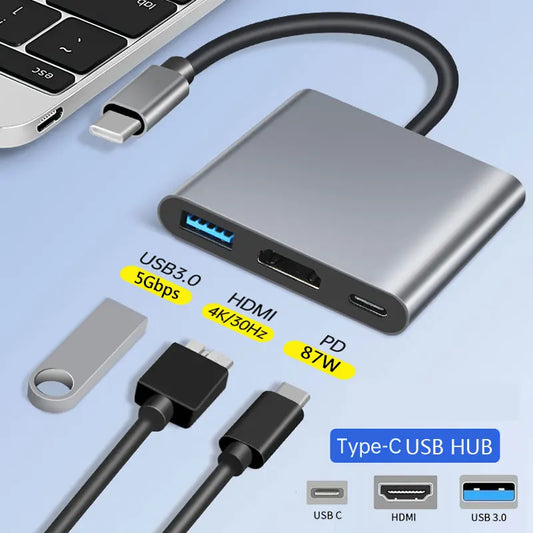 3-in-1 USB C Hub 100W Power USB 3.0 4K HDMI-compatible for MacBook Surface Chrome Steam Deck Stable USB 3.0 USB HUB Adapter