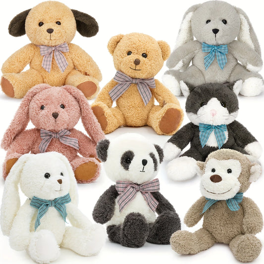 8pcs Plush Animal Set for Youngsters - 13" Soft Polyester Stuffed Toys Including Bear, Dog, Cat, Panda, Monkey & Bunnies