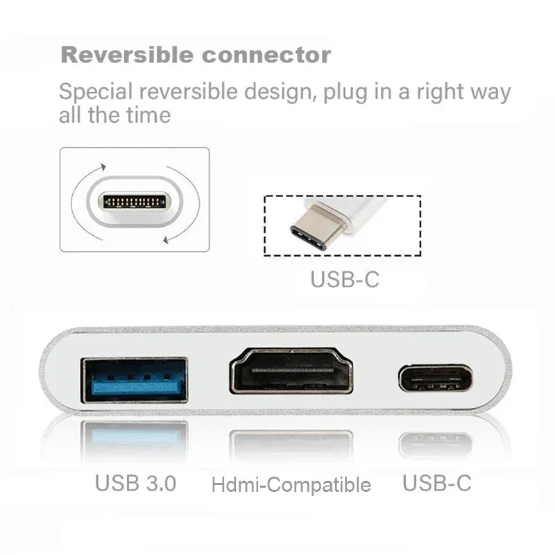 3-in-1 USB C Hub 100W Power USB 3.0 4K HDMI-compatible for MacBook Surface Chrome Steam Deck Stable USB 3.0 USB HUB Adapter