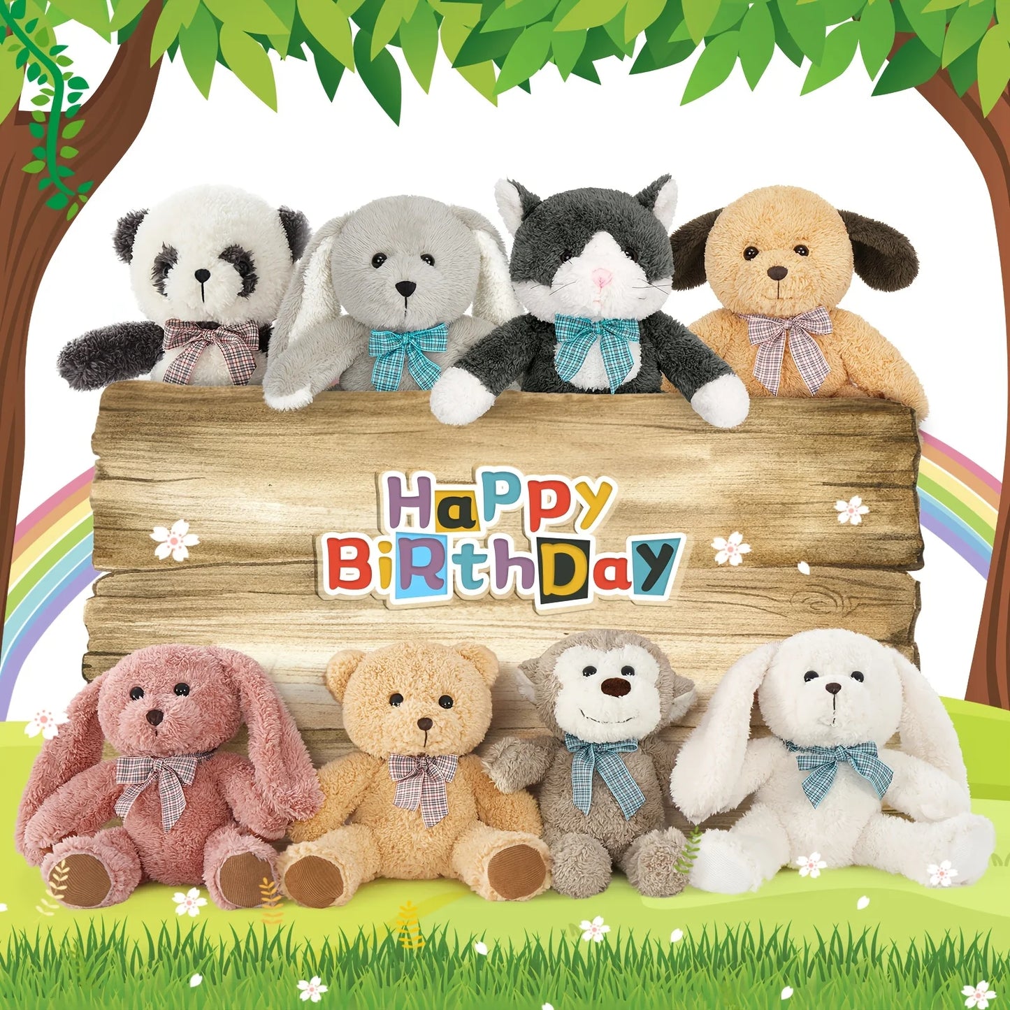 8pcs Plush Animal Set for Youngsters - 13" Soft Polyester Stuffed Toys Including Bear, Dog, Cat, Panda, Monkey & Bunnies