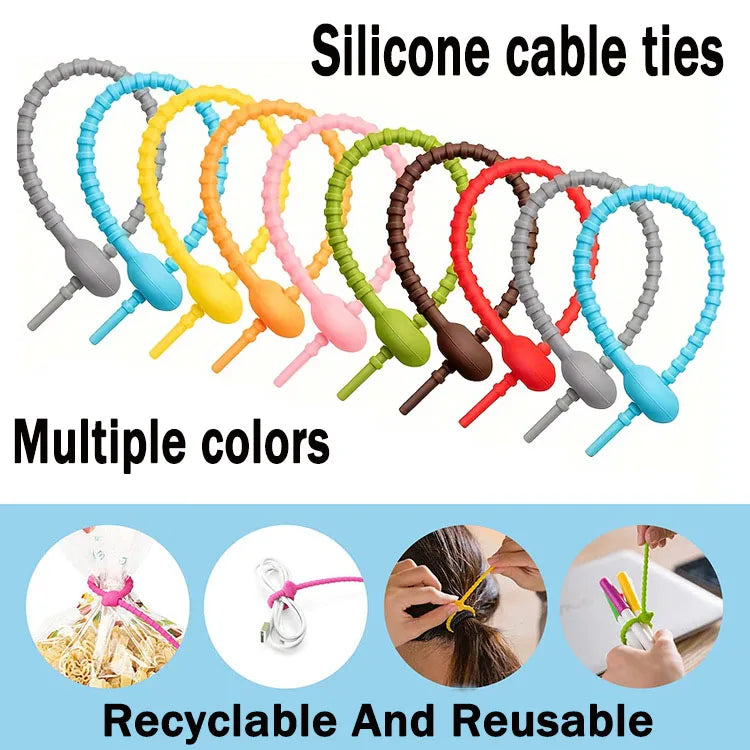 Silicone cable ties5Pcs/Lot 8 Color Silicone Reusable Bag Ties Twist Wire Fasten Cable Zip Tie Headset Data Line Wire Universal