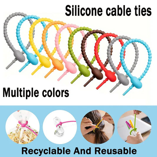 Silicone cable ties5Pcs/Lot 8 Color Silicone Reusable Bag Ties Twist Wire Fasten Cable Zip Tie Headset Data Line Wire Universal