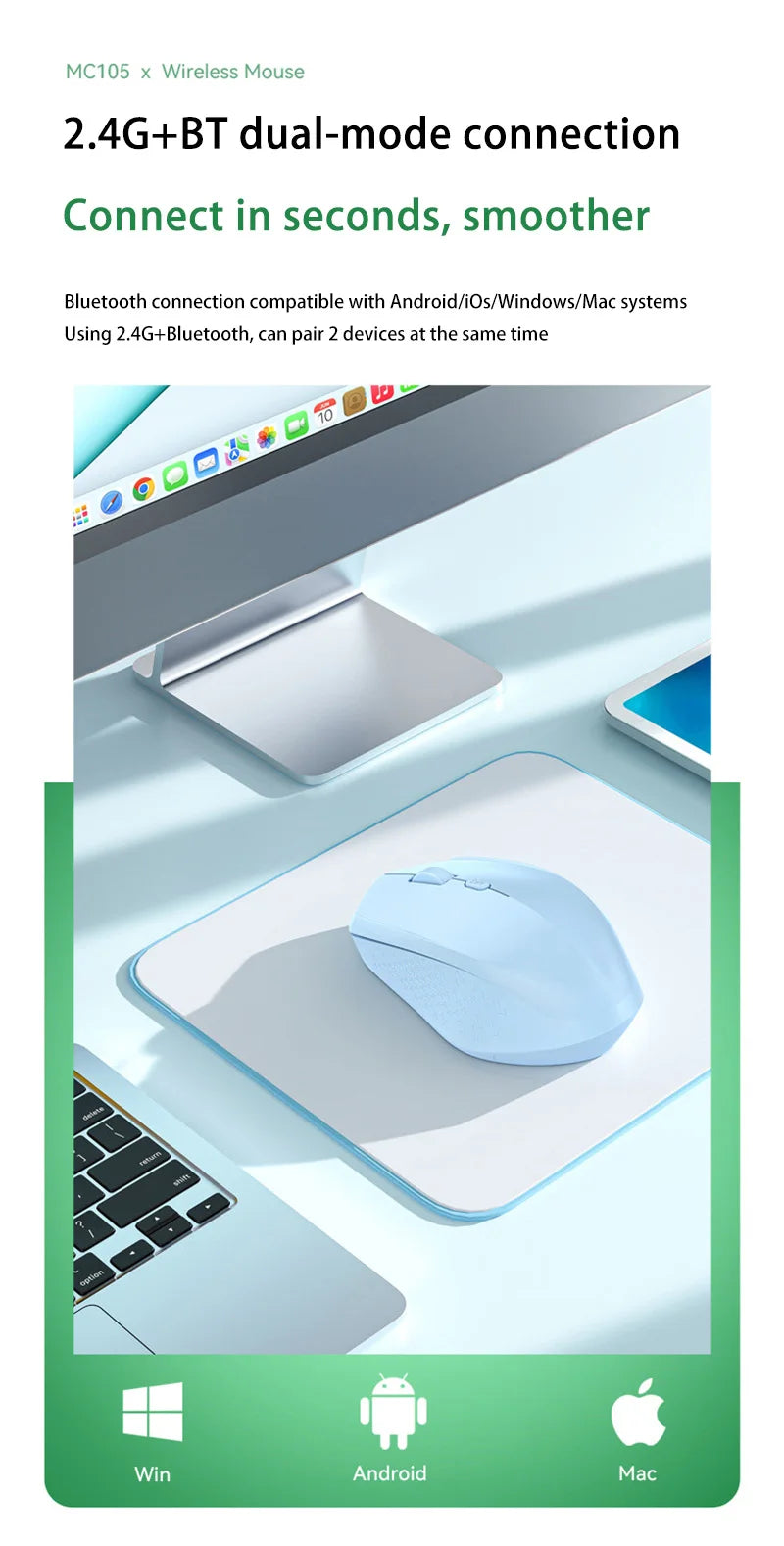 Xiaomi Wireless Mouse Bluetooth Mute Rechargeable 1600 Dpi 2.4Ghz Ergonomics Dual Model Type-C Mini Mouses For Pc Android Ios