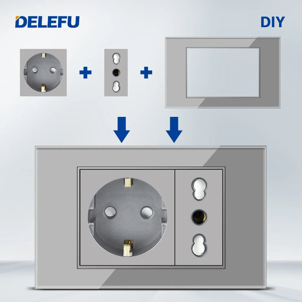 DELEFU Italian, EU, Multi-functional Free Combination USB Type C Wall Socket DIY Grey