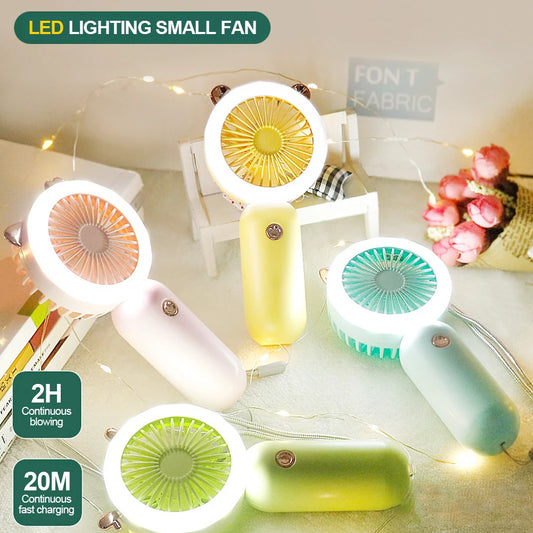 Handheld Mini Fan USB Rechargeable Cooling Fans Cute Portable Night Light Summer Small Pocket Fan Cartoon Mute Fans