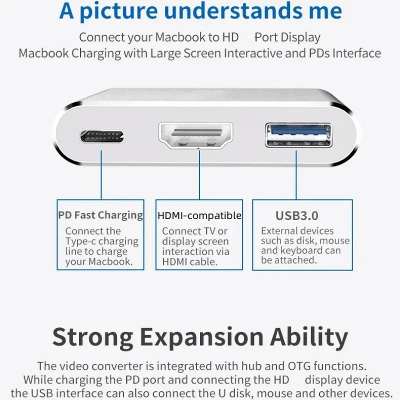 3-in-1 USB C Hub 100W Power USB 3.0 4K HDMI-compatible for MacBook Surface Chrome Steam Deck Stable USB 3.0 USB HUB Adapter