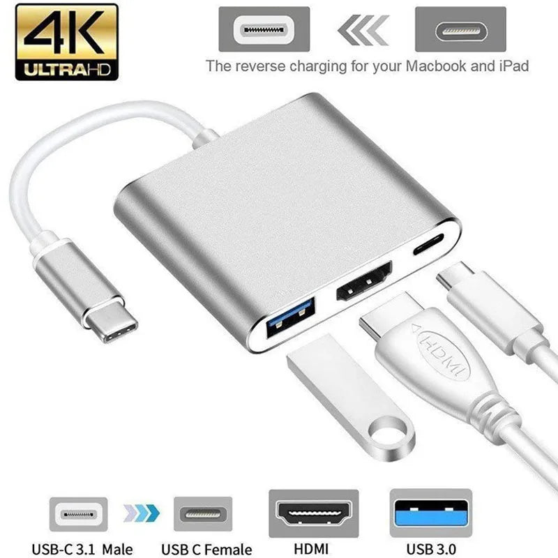 3-in-1 USB C Hub 100W Power USB 3.0 4K HDMI-compatible for MacBook Surface Chrome Steam Deck Stable USB 3.0 USB HUB Adapter