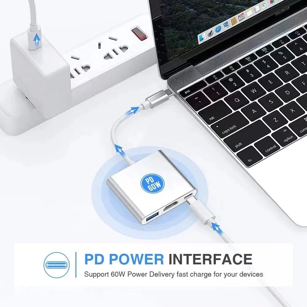 3-in-1 USB C Hub 100W Power USB 3.0 4K HDMI-compatible for MacBook Surface Chrome Steam Deck Stable USB 3.0 USB HUB Adapter