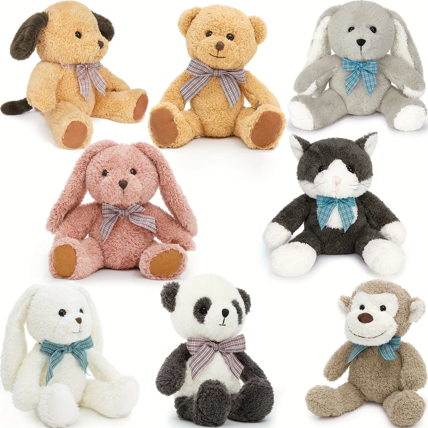 8pcs Plush Animal Set for Youngsters - 13" Soft Polyester Stuffed Toys Including Bear, Dog, Cat, Panda, Monkey & Bunnies