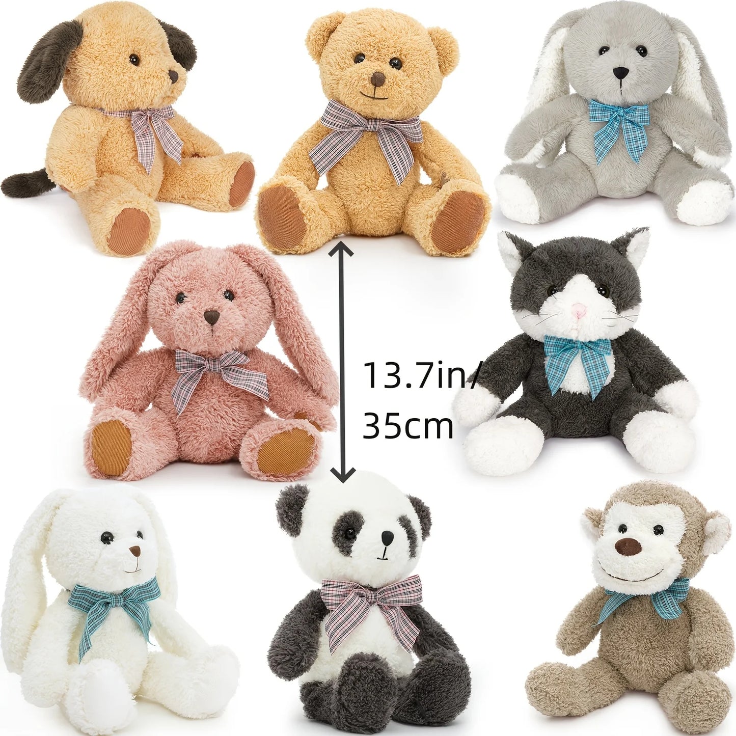 8pcs Plush Animal Set for Youngsters - 13" Soft Polyester Stuffed Toys Including Bear, Dog, Cat, Panda, Monkey & Bunnies