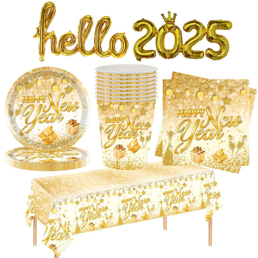 New Year party disposable tableware set New Year Tablecloth Table cover plates cup napkin 2025 New Year Eve Party Decor supplies