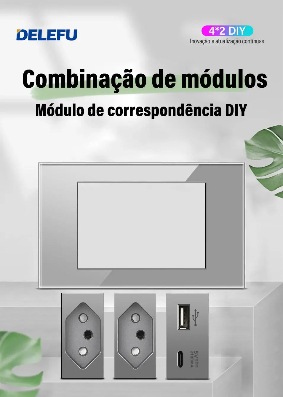 DELEFU Italian, EU, Multi-functional Free Combination USB Type C Wall Socket DIY Grey